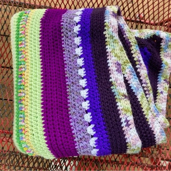 Small Handmade Crocheted Throw Blanket 54” x 52” Purple Green Yellow Pink - Picture 15 of 16